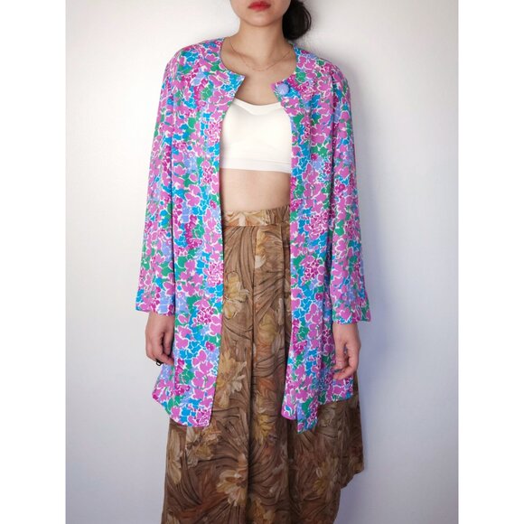 90s vintage Givenchy floral one button duster jacket/ pink, blue, green floral - Picture 2 of 10